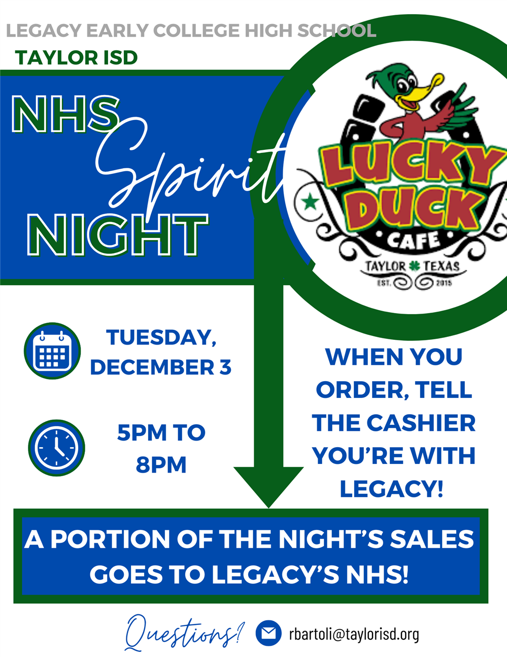  NHS Spirit Night at Lucky Duck 12/3 from 5-8PM